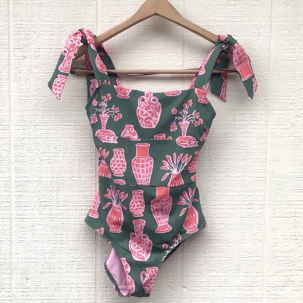 CeliaB Granato swimsuit Pink and Green with Floral vases string bow ties